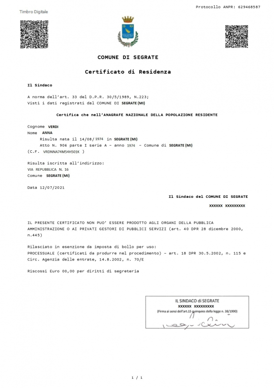 certificato di residenza
